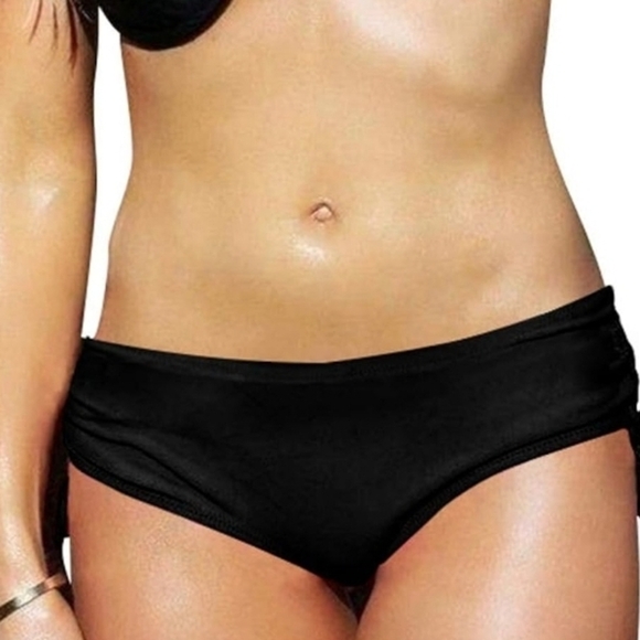 Black Low-Rise Bikini Bottom Swimwear, Ruched Back, Tie Accents, New W Tag, M - Picture 1 of 5